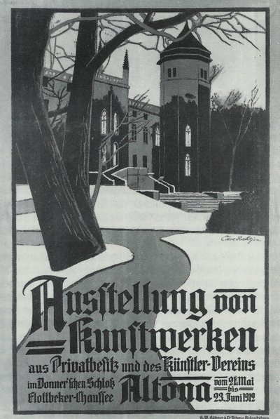 Reproducción en blanco y negro de un cartel de exposición de Carl Rathjen